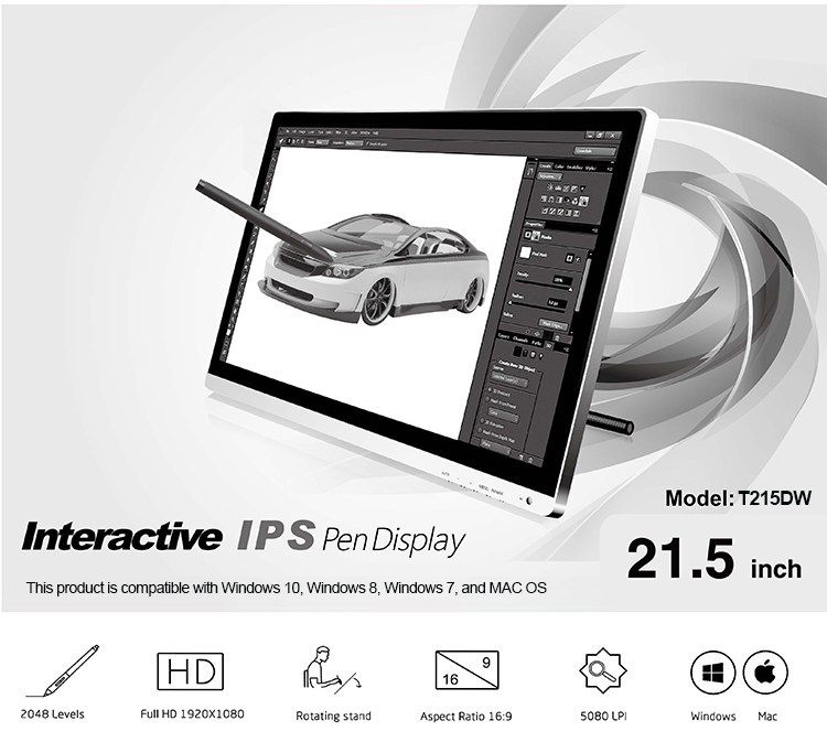 Wide Color Graphic LCD 2048 Levels Drawing Pen Digital Tablet Monitor IPS LCD Panel Electromagnetic Technology 5 Buttons 4000lpi