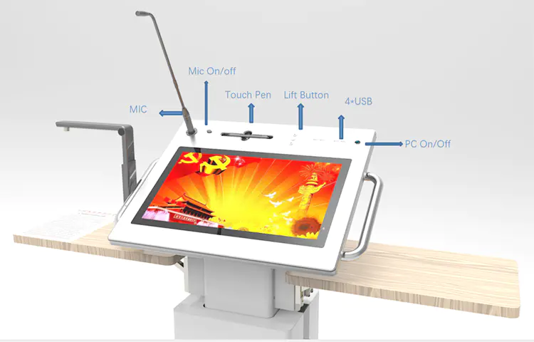 2021 Best Intelligence LED 21.5 All In One Touch Screen Smart Lift Adjustable Digital Podium Kiosk with Mic Speaker