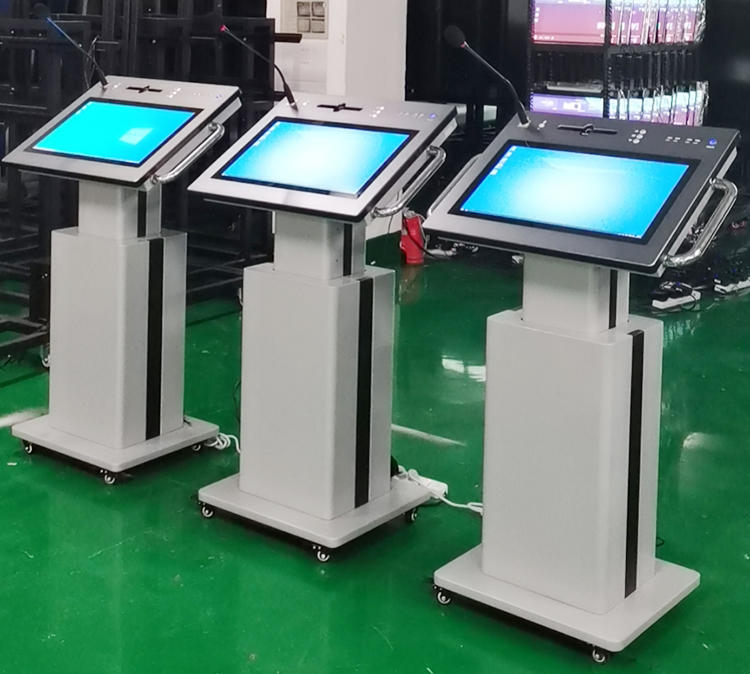 2022 Best Intelligence LED 21.5 All In One Touch Screen Smart Lift Adjustable Digital Podium Kiosk with Mic Speake