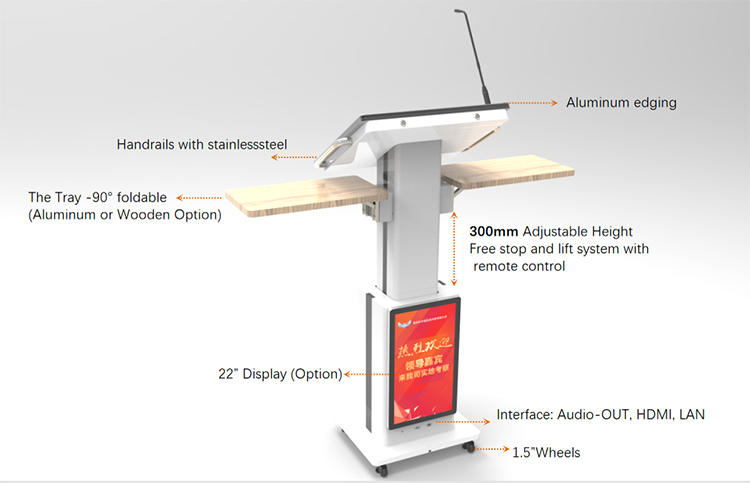 2022 Best Intelligence LED 21.5 All In One Touch Screen Smart Lift Adjustable Digital Podium Kiosk with Mic Speake